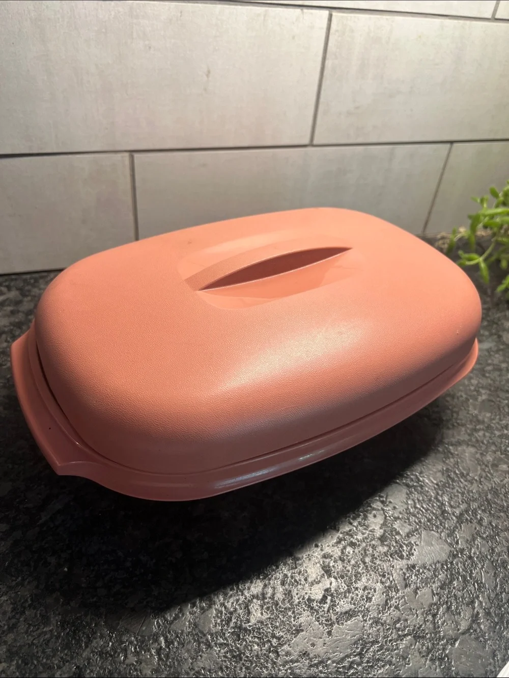 Coral Pink Plastic Steamer Dish with Lid. Like new condition.
